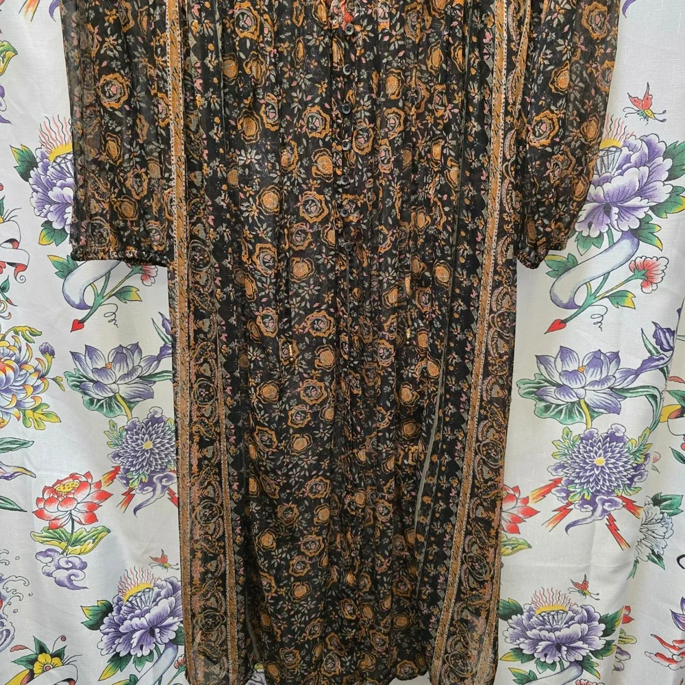 Free People Boho Paisley‎ Floral Sheer Maxi Dress Orange Black Long Sleeve XS
